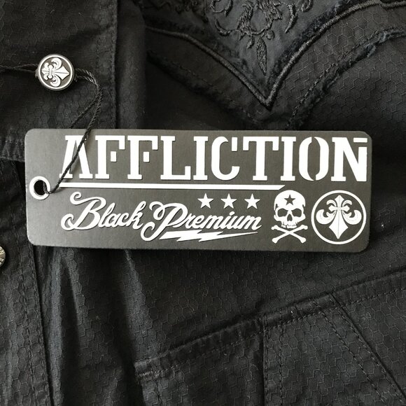 Affliction Black Premium Slim Shirt Men 2XL Black Button Up Pocket Embroidered - Picture 6 of 16